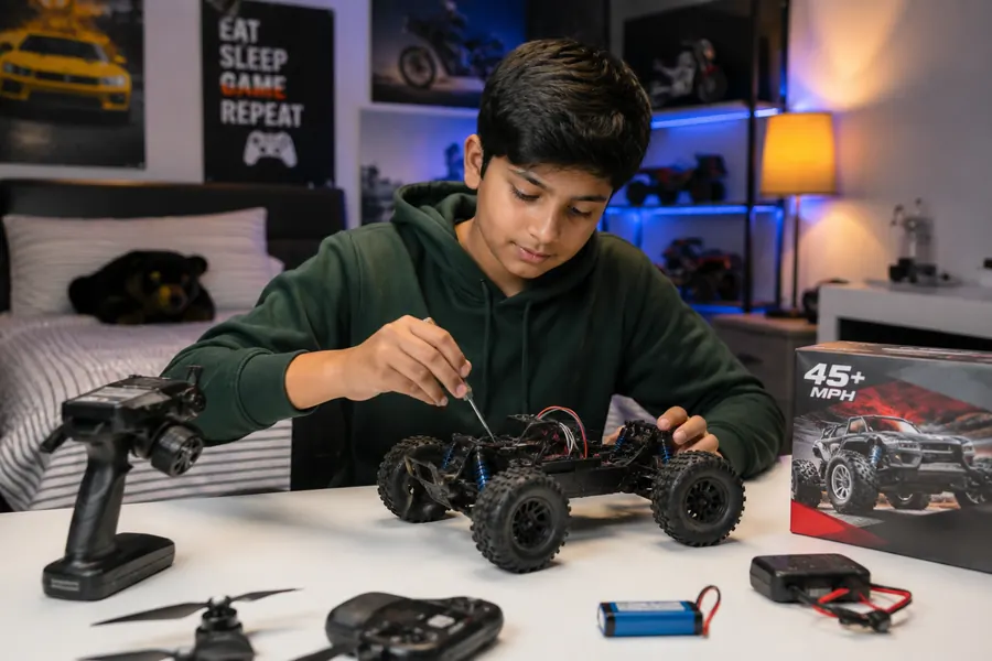 Teen playing with hobby toys